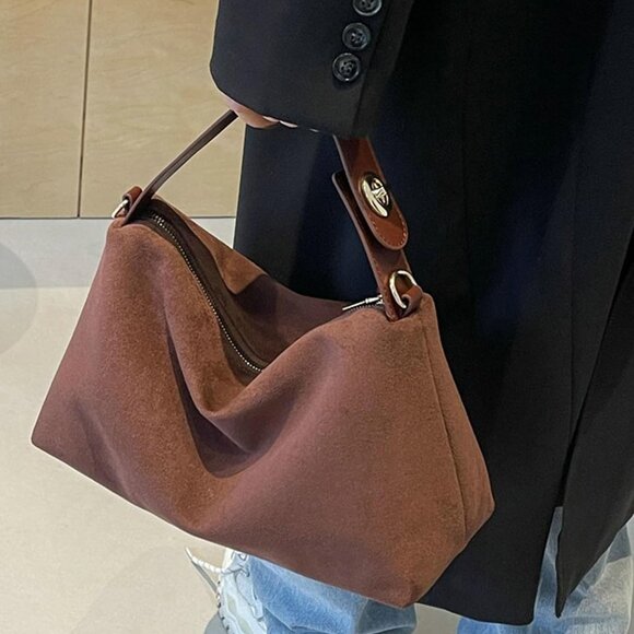 Stylish Coffee Suede Tote with Secure Zipper - Perfect for Everyday Use - Picture 3 of 7